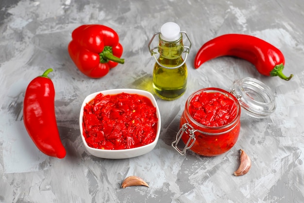 Free photo homemade red pepper sauce.