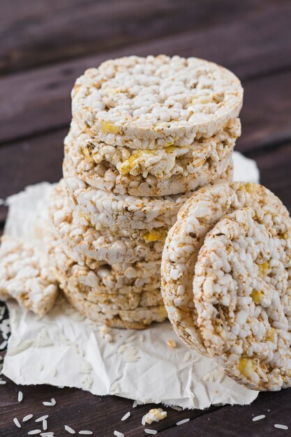 Homemade stacked of puffed rice on wooden desk