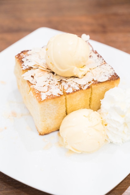 Honey toast with ice cream and honey syrup