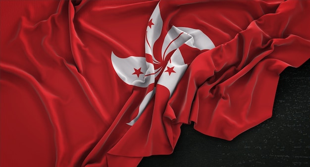 Hong Kong Flag Wrinkled On Dark Background 3D Render