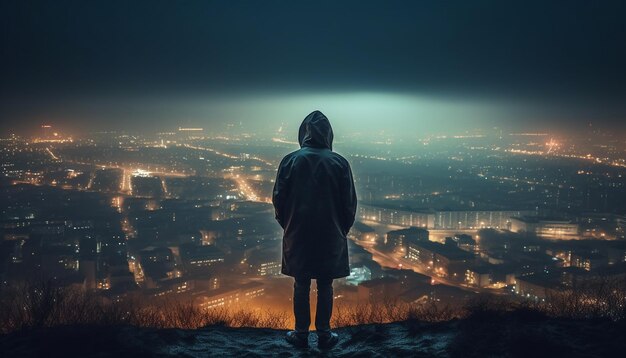 Hooded businessman standing alone gazing at cityscape generated by AI