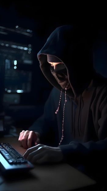 Free Photo hooded hacker stealing data from computer at night closeup