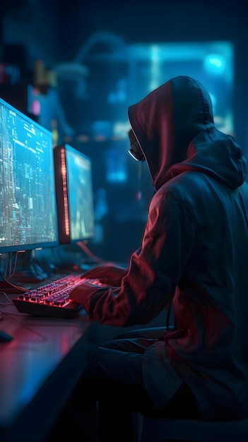 Free Photo hooded hacker using computer in dark room cybercrime concept