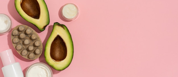 Horizontal banner for cosmetic products with avocado