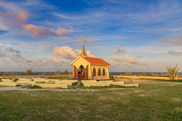 Horizontal shot of the Alto Vista Chapel located in Noord, Aruba under the beautiful sky