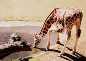 Free photo horizontal shot of a giraffe drinking water in the african animal enclosure