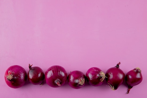 Free Photo horizontal view of red onions on purple background with copy space