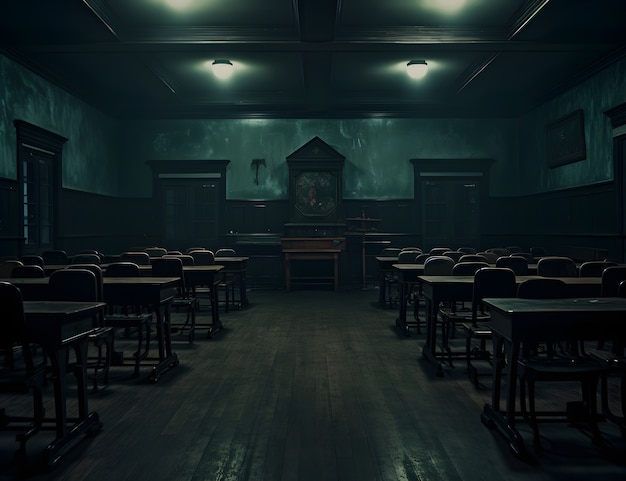 Horror scene with eerie classroom