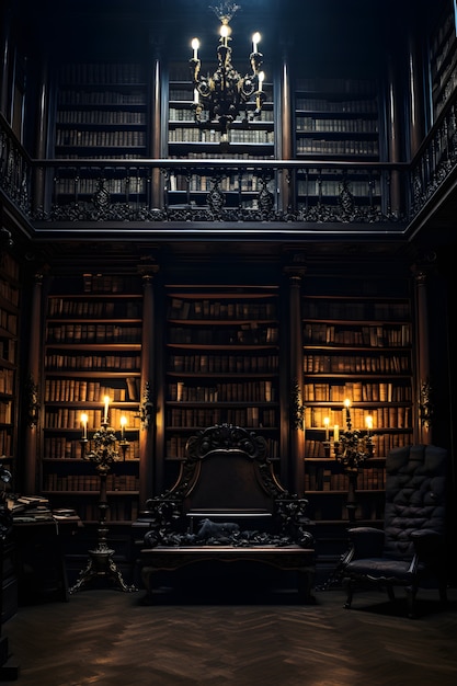 Horror scene with eerie library