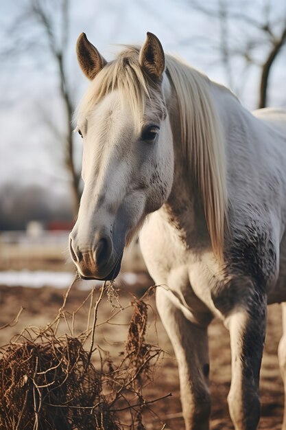 Horse eating hay at farm