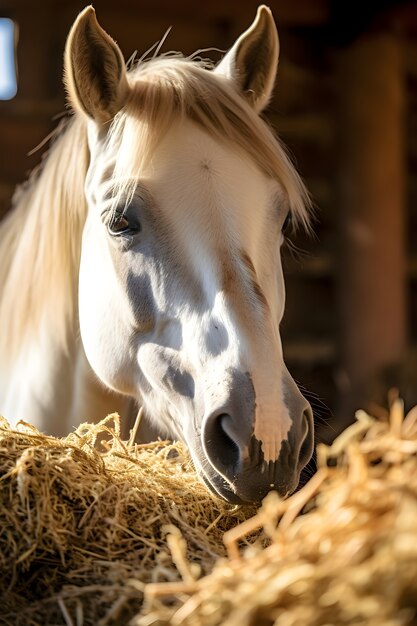 Horse eating hay in stable