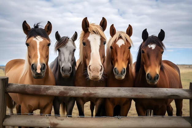 Horse herd behind fence