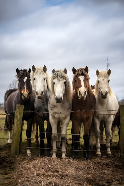 Horse herd behind fence