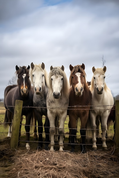 Horse herd behind fence