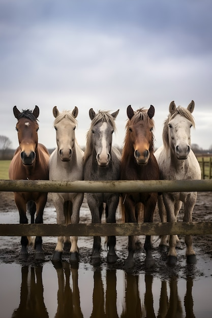 Horse herd behind fence