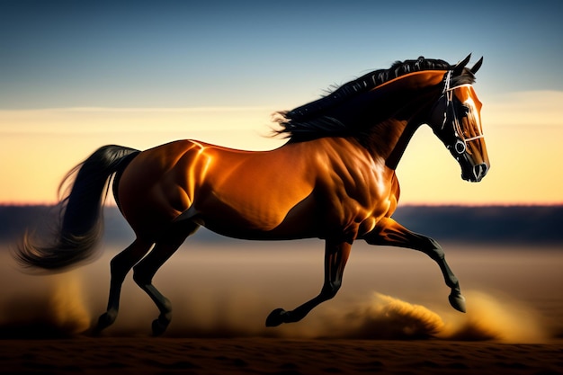 A horse is running in the desert with a sunset in the background.