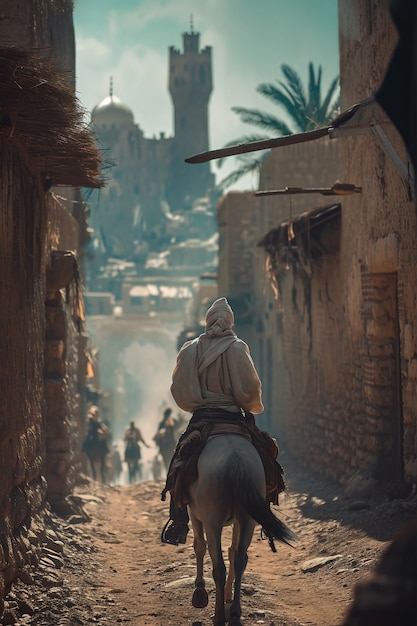 Free Photo horse rider scene from ancient baghdad inspired by video games