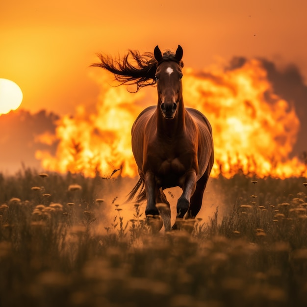 Free Photo horse running from wildfire