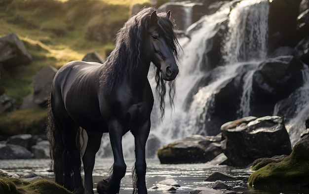 Free Photo horse standing close to waterfall 