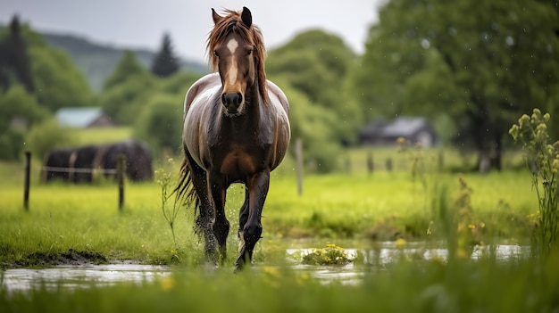 Free photo horse standing in the middle of pasture