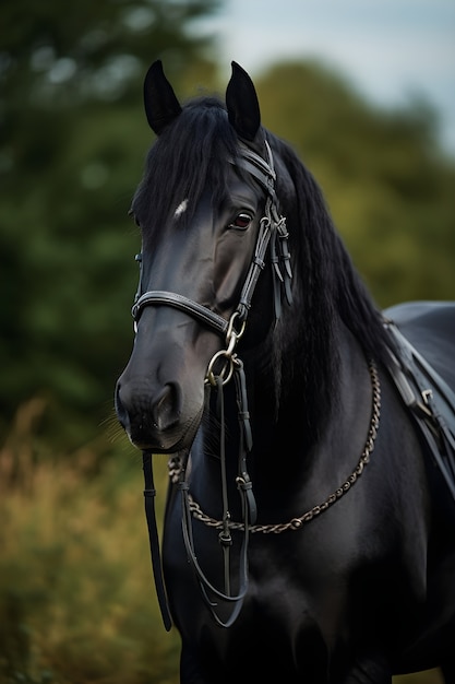 Free Photo horse standing in the middle of pasture