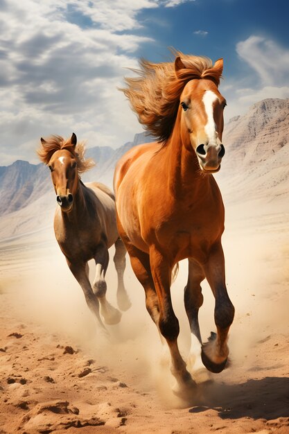 Horses running through dessert