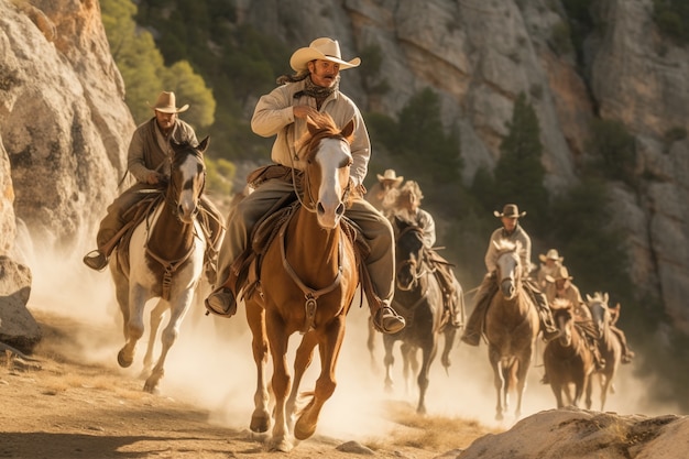 Horses running through old western town