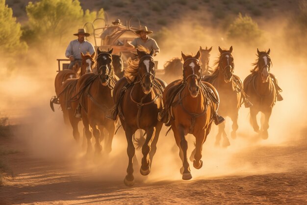 Horses running through old western town