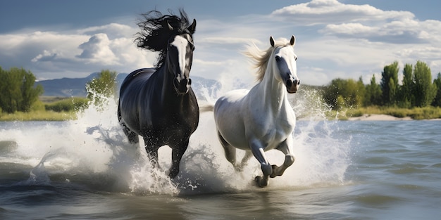 Horses running through the water