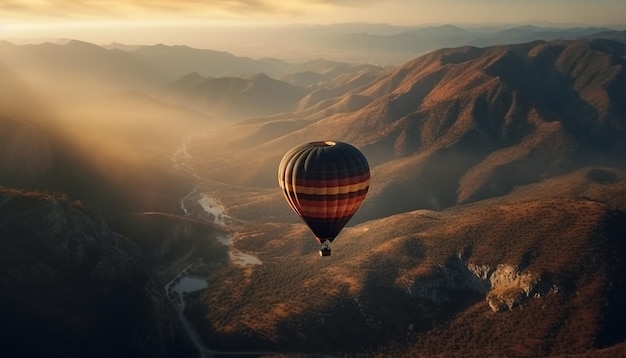 Free photo a hot air balloon flies over a mountain landscape.