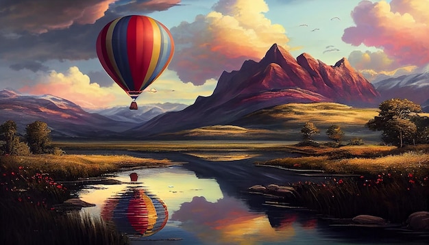 Free photo a hot air balloon flying over a lake with mountains in the background.