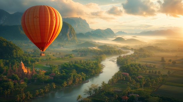 Hot air balloon over realistic dreamscape