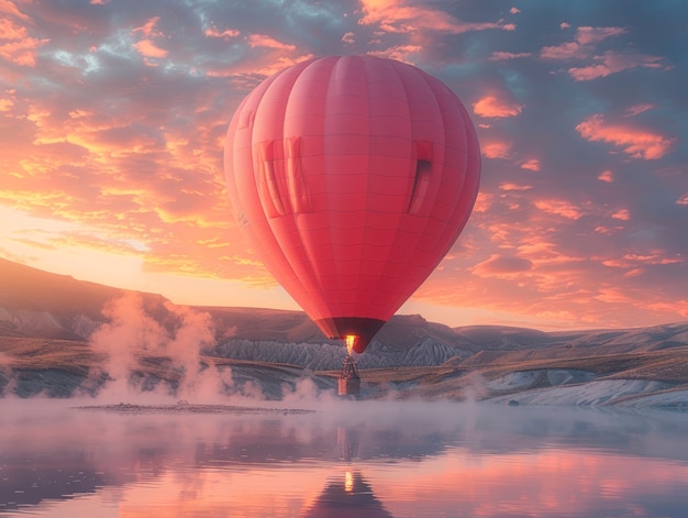 Hot air balloon over realistic dreamscape