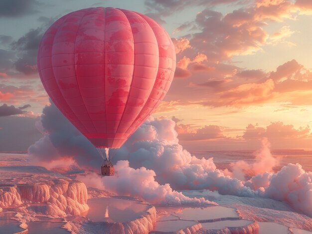 Hot air balloon over realistic dreamscape