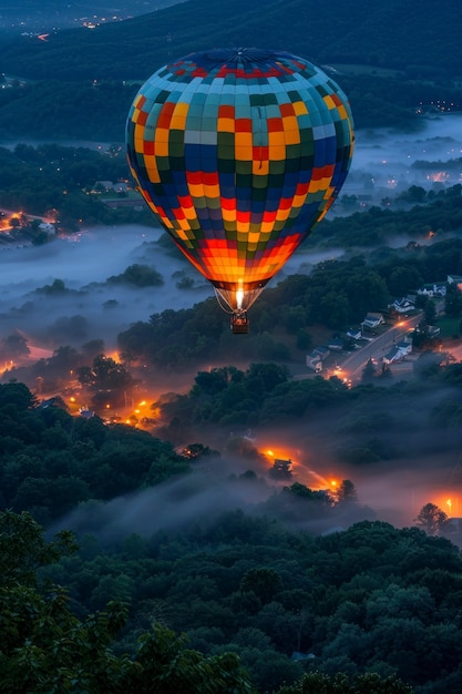 Hot air balloon over realistic dreamscape