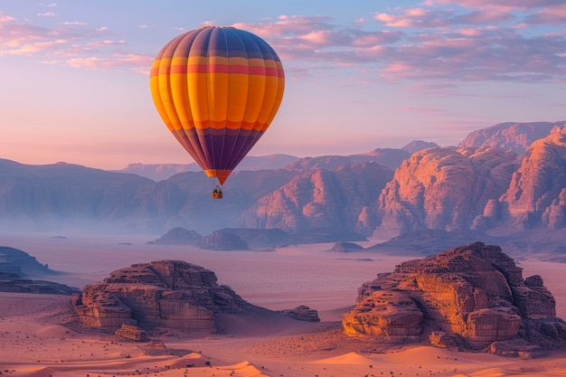 Hot air balloon over realistic dreamscape