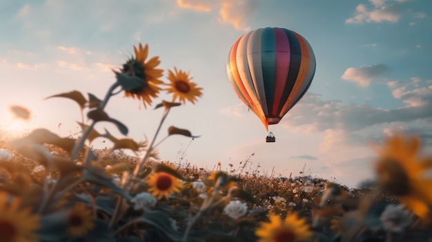 Hot air balloon over realistic dreamscape