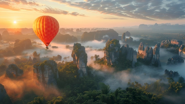 Hot air balloon over realistic dreamscape