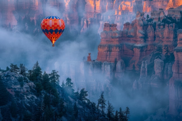 Hot air balloon over realistic dreamscape