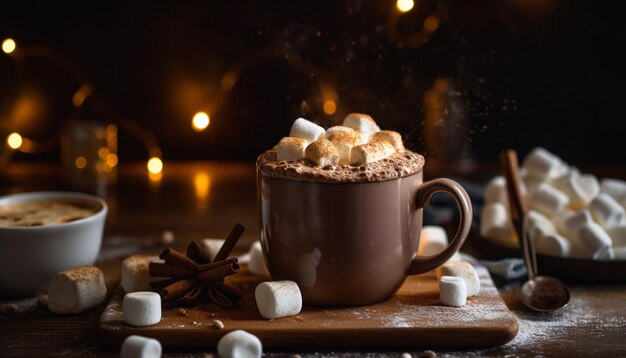 Hot chocolate with marshmallows on rustic table generated by AI