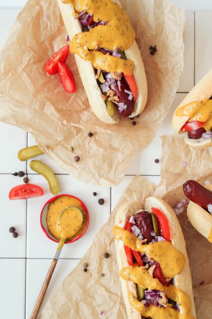 hot dog with sauce on white surface