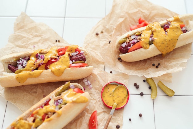 Free Photo hot dog with sauce on white surface