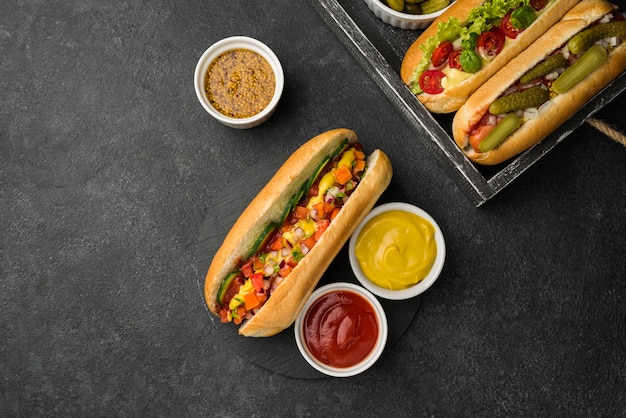 Free Photo hot dogs arrangement in box flat lay