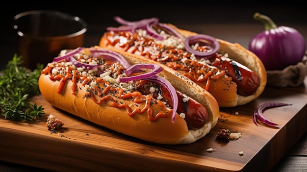 Free Photo hot dogs served on a wooden plank over a marble surface onions in the back