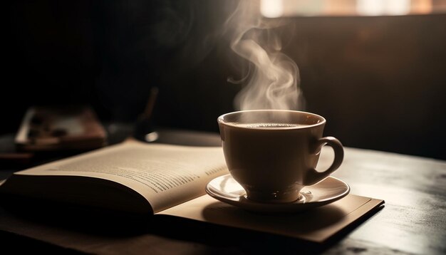 Hot drink on wooden table perfect relaxation generated by AI