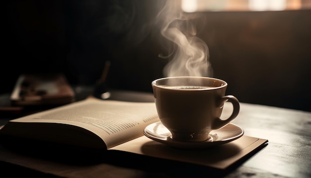 Hot drink on wooden table perfect relaxation generated by AI