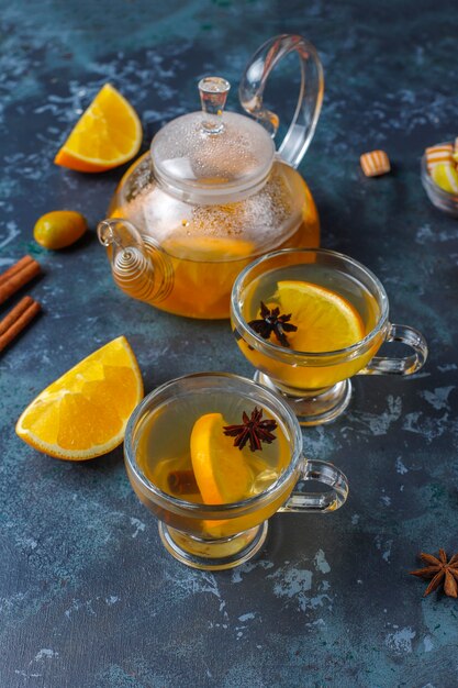 Hot healthy warming winter tea with orange, honey and cinnamon.