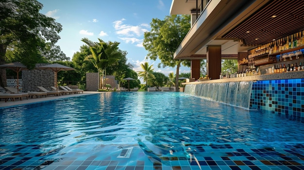 A hotel pool with a mosaictiled bottom and a swimup bar serving refreshing beverages