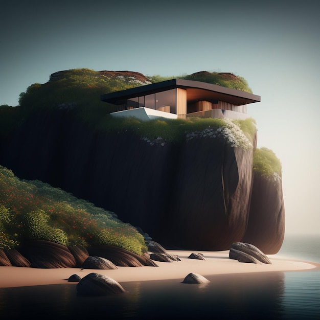 Free photo a house on a cliff with a cliff in the background