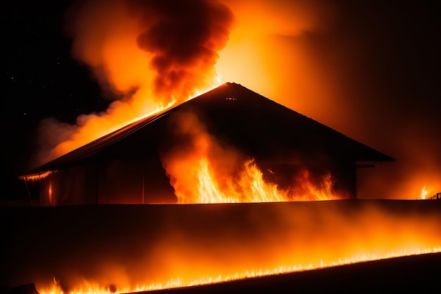 Free photo a house is burning in the night with the word fire on the side.